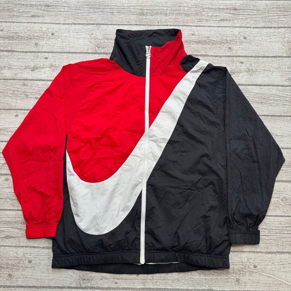 Nike Track Jacket Mens XS Red Black Colorblock Big Swoosh Mesh Lined Windbreaker